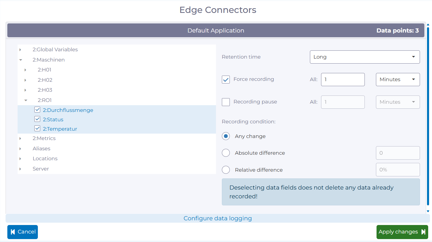 manubes as an OPC UA Client: Configuration of data recording